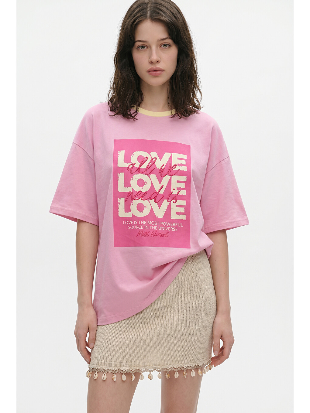 Love Yazı Baskılı Oversize Tişört Pembe