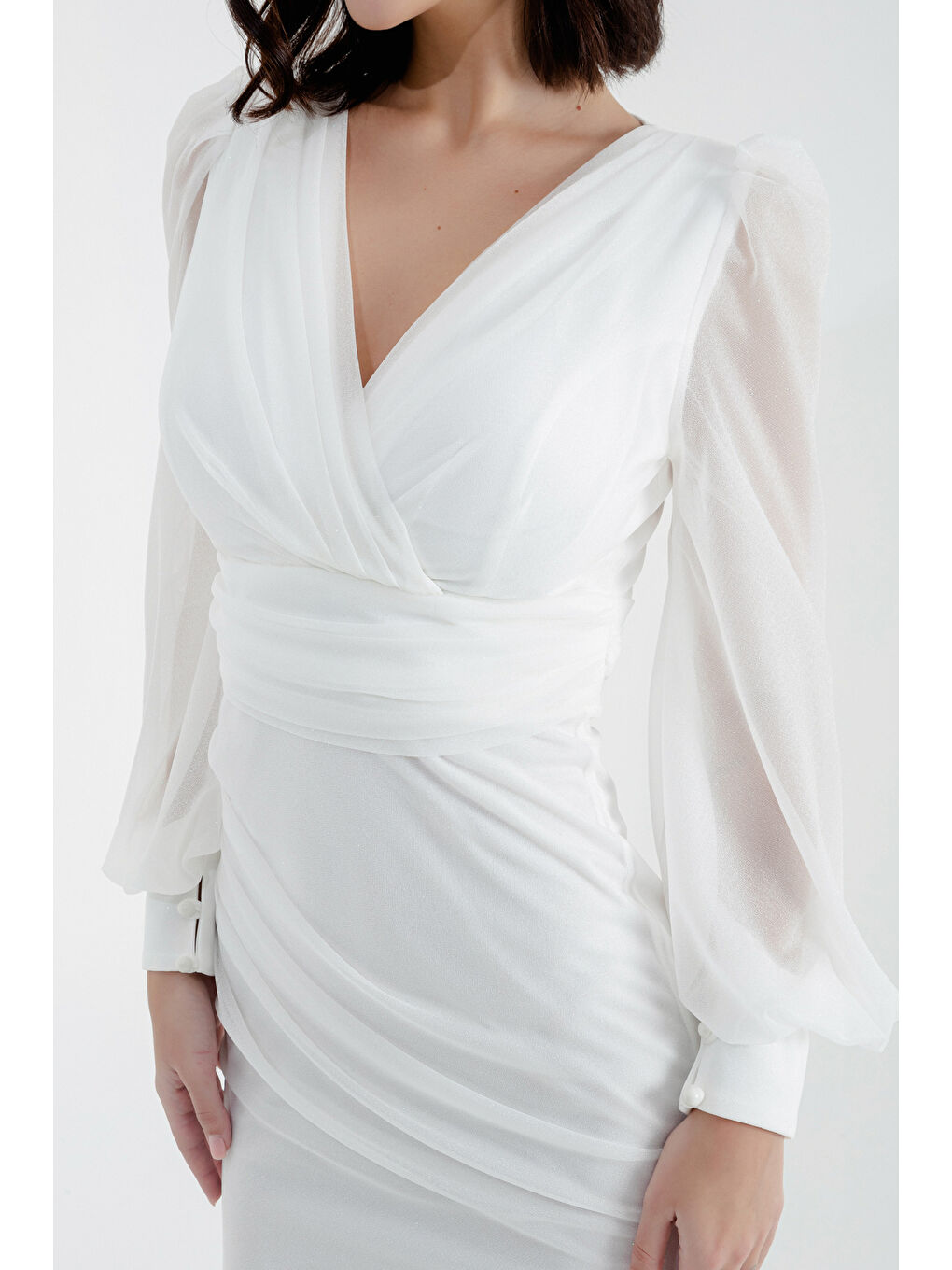 Kadın Beyaz Kruvaze Yaka Simli Uzun Abiye Elbise-3