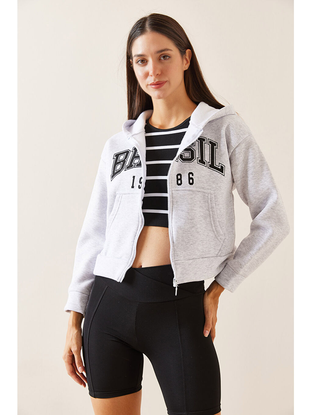 XHAN Gri Kapüşonlu   Baskılı Sweatshirt 5YXK8 48911 03 - 1