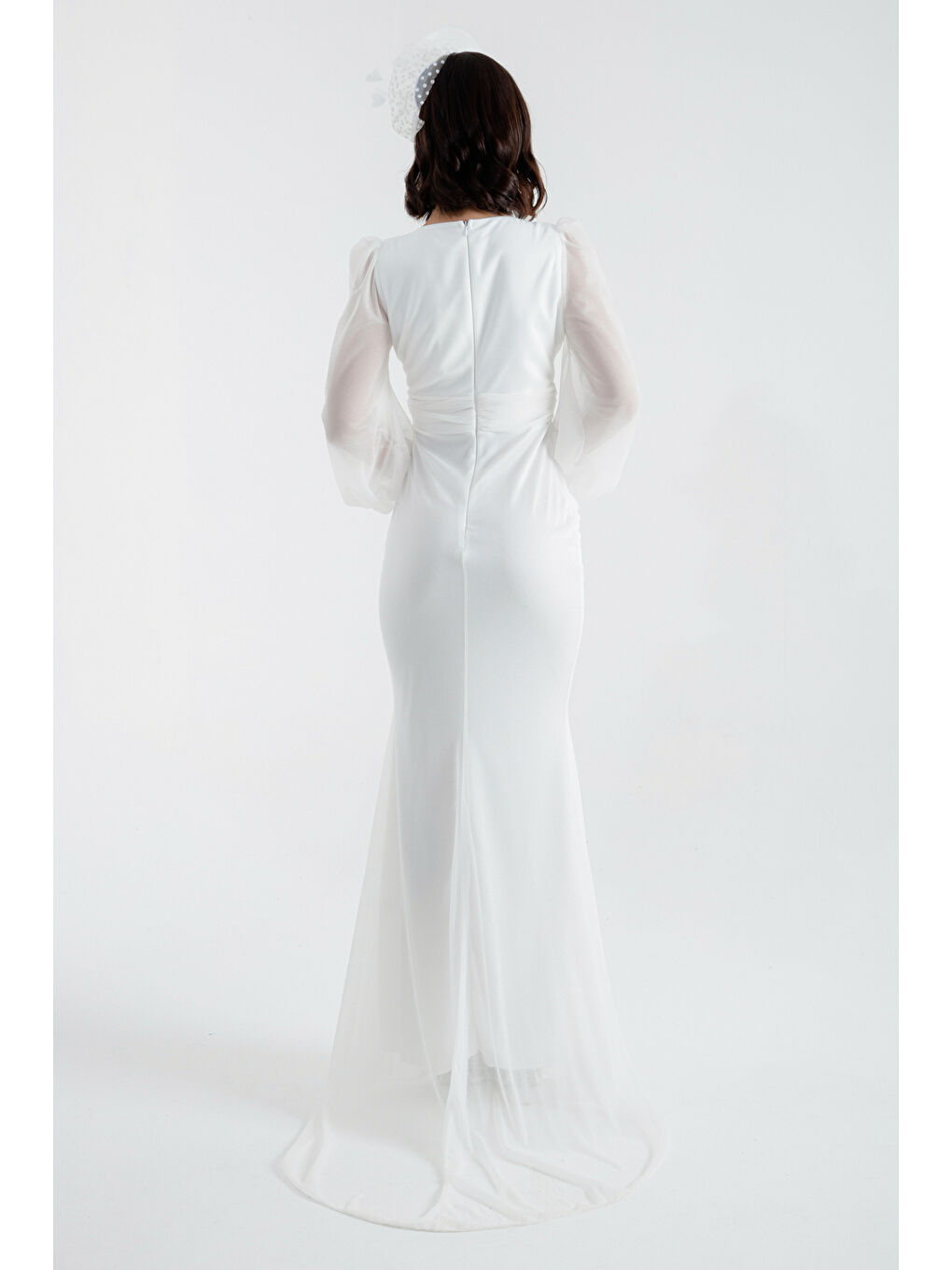 Kadın Beyaz Kruvaze Yaka Simli Uzun Abiye Elbise-4