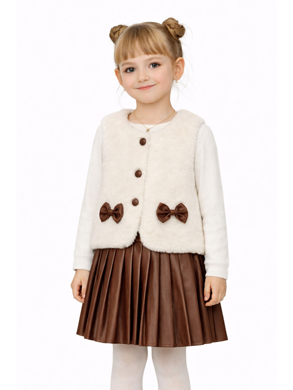 Kahverengi Kız Çocuk Pelüş Yelekli Deri Piliseli Etek 3 lü Set Takım Ak2601-2