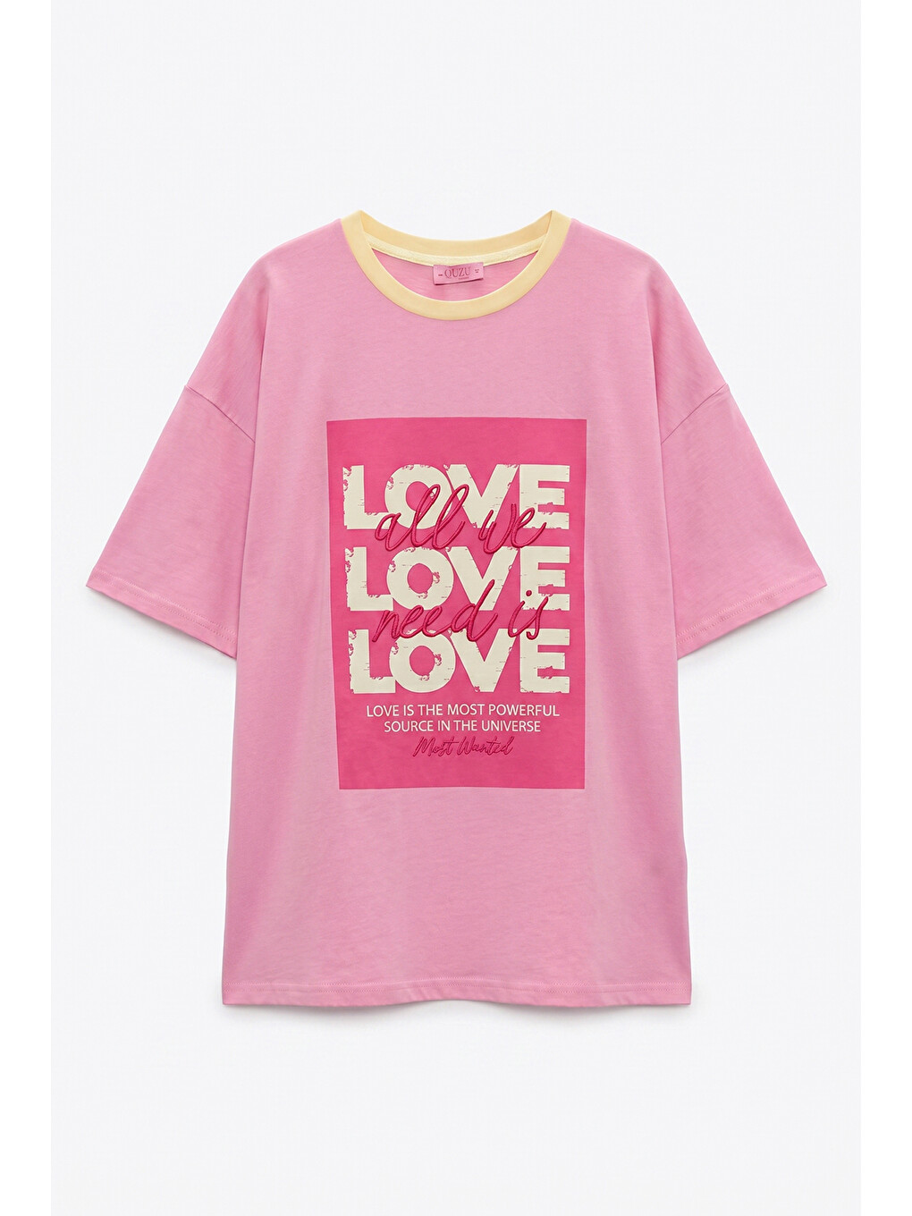 Love Yazı Baskılı Oversize Tişört Pembe-1