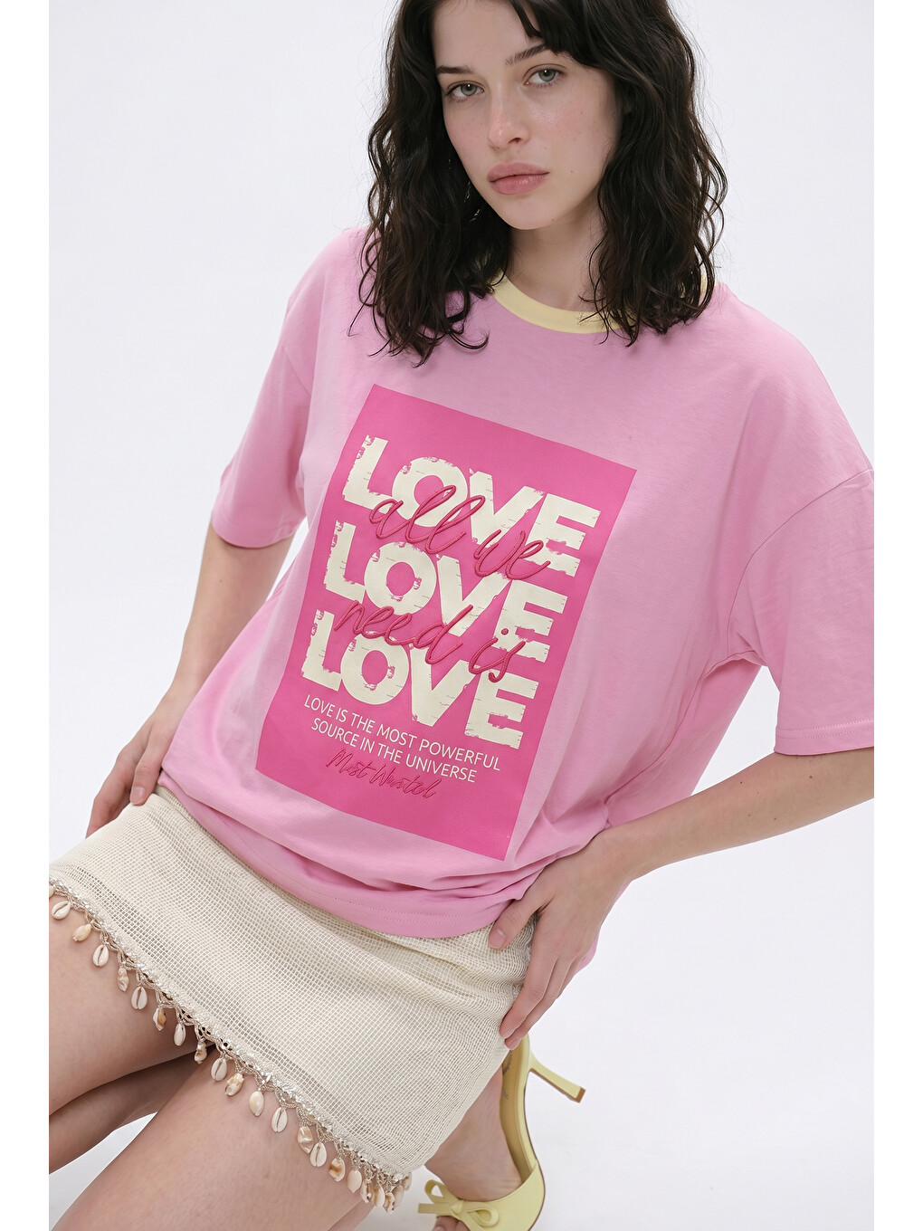 Love Yazı Baskılı Oversize Tişört Pembe-2