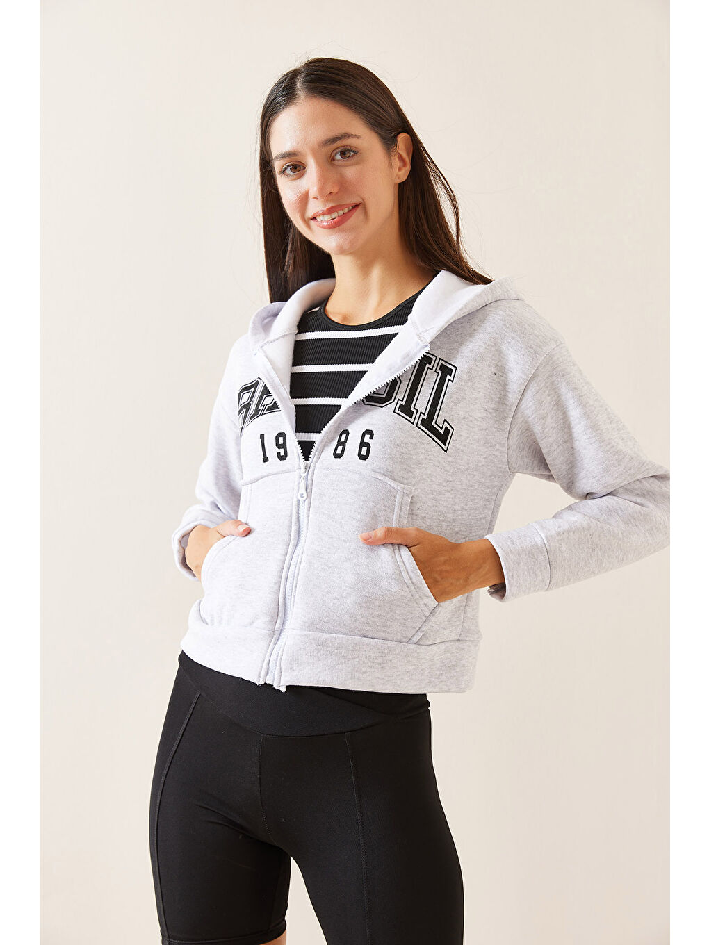 XHAN Gri Kapüşonlu   Baskılı Sweatshirt 5YXK8 48911 03 - 3