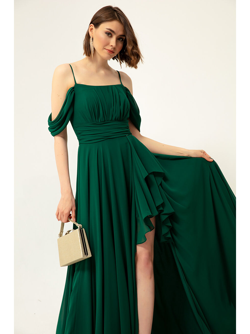 Kadın Zümrüt Yeşili Kayık Yaka Şifon Abiye Elbise
