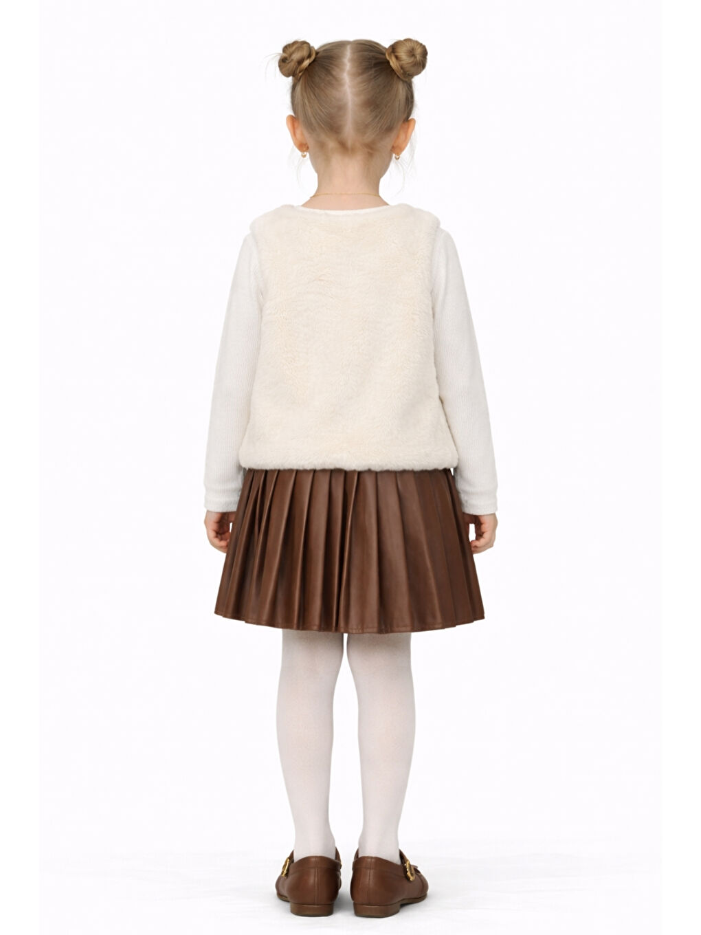 Kahverengi Kız Çocuk Pelüş Yelekli Deri Piliseli Etek 3 lü Set Takım Ak2601-3