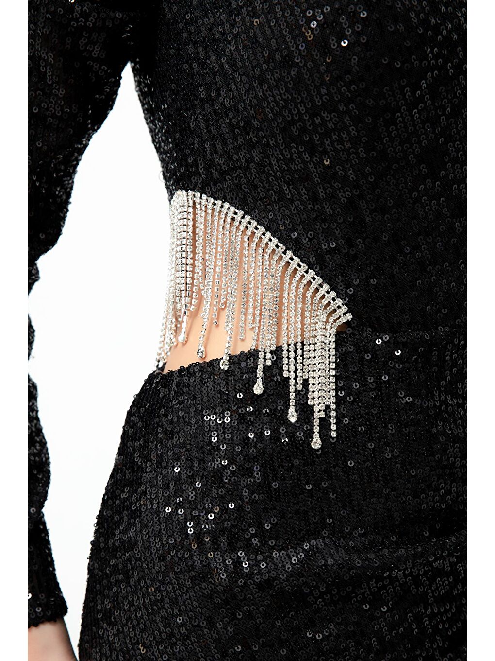 Kadın Siyah Tek Kol Payetli ve Taşlı Uzun Abiye Elbise-1