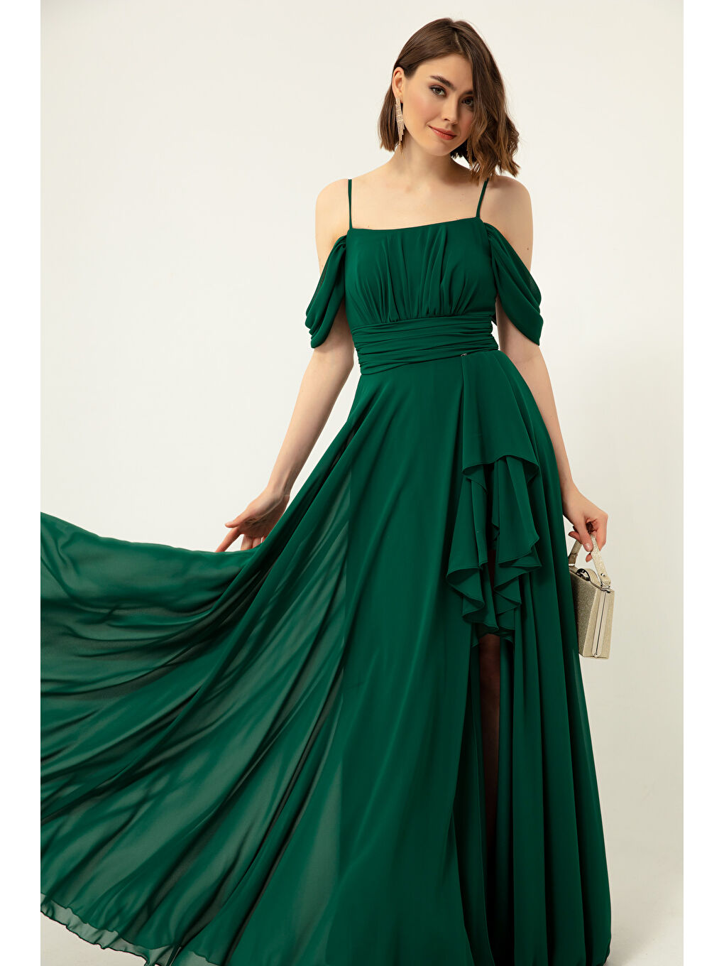 Kadın Zümrüt Yeşili Kayık Yaka Şifon Abiye Elbise-1