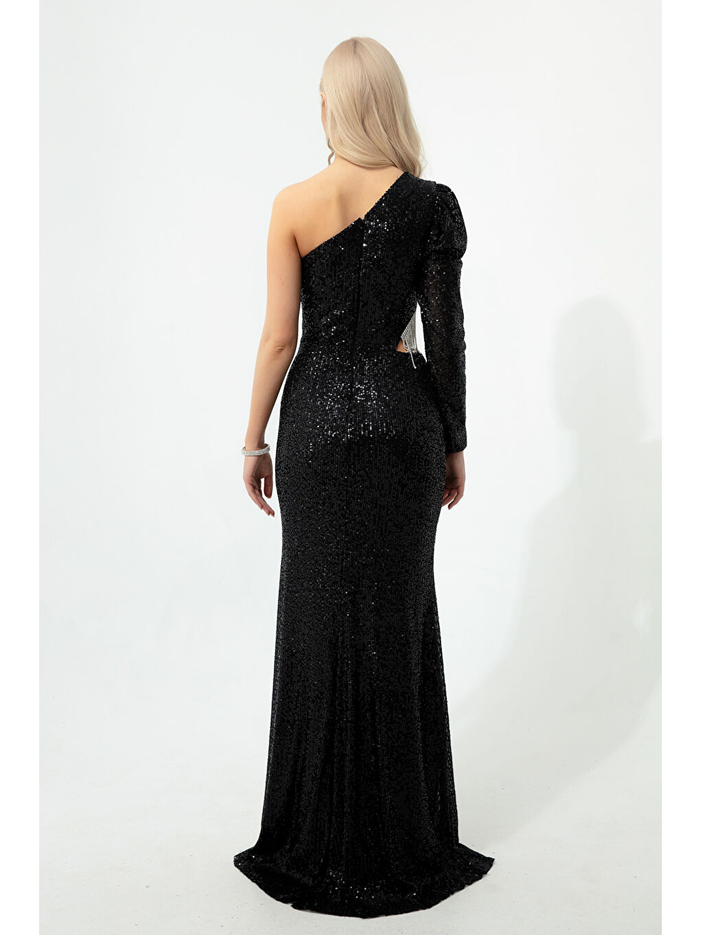 Kadın Siyah Tek Kol Payetli ve Taşlı Uzun Abiye Elbise-4