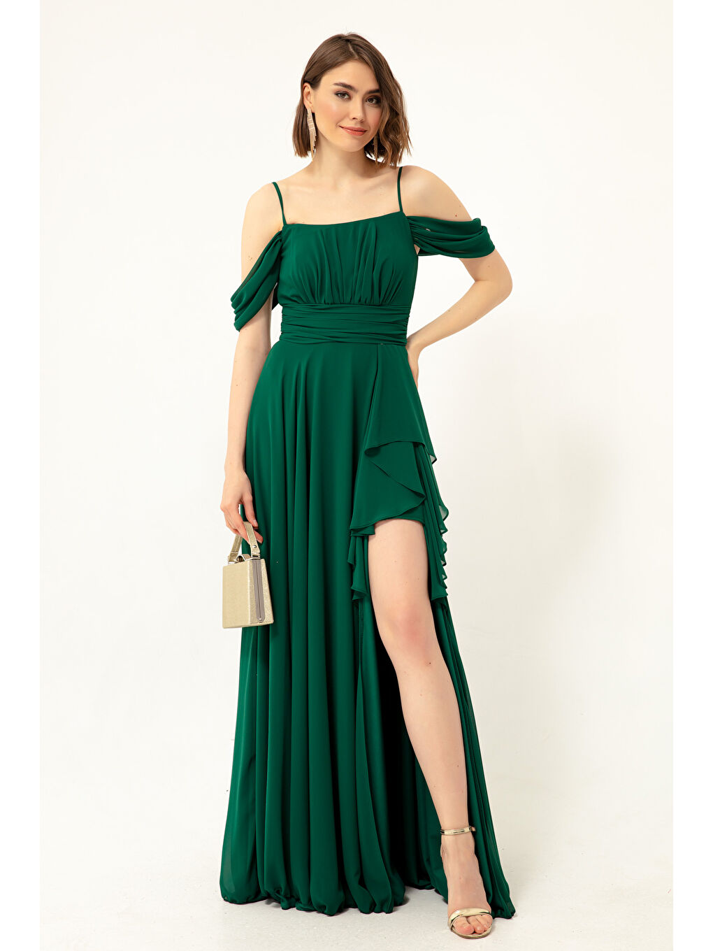 Kadın Zümrüt Yeşili Kayık Yaka Şifon Abiye Elbise-3