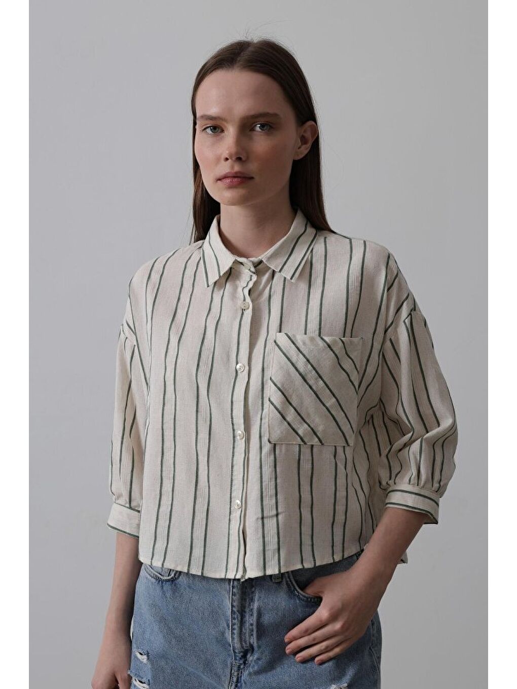 Çizgili Kısa Gömlek - Bej-Yeşil