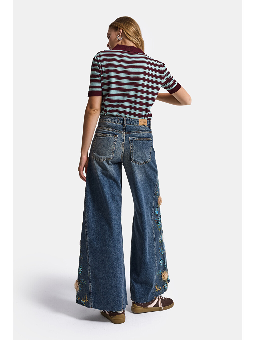 Mavi Kadın Koyu Jean 4w6-8 Palazzo Fit Nakış Ve 3d Gül Detaylı Özel Tasarım Denim Jean-6