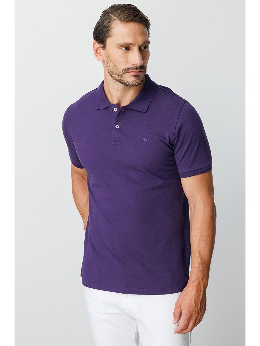 Mor Modern Fit Dar Kalıp Polo Yaka Düz Kısa Kollu %100 Pamuk Tişört-1