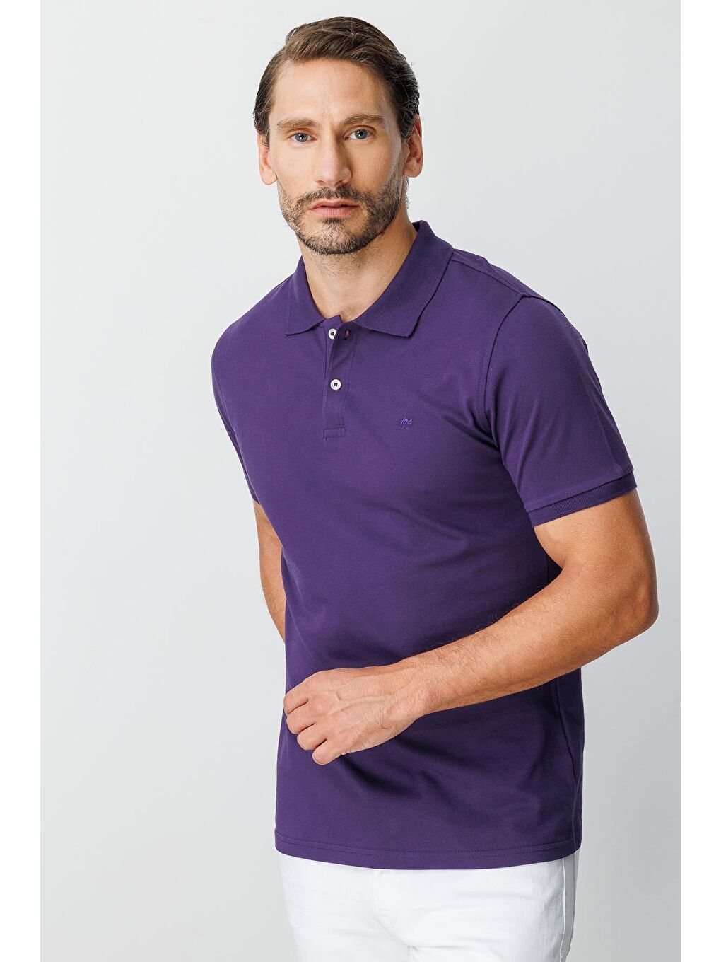 Mor Modern Fit Dar Kalıp Polo Yaka Düz Kısa Kollu %100 Pamuk Tişört-2