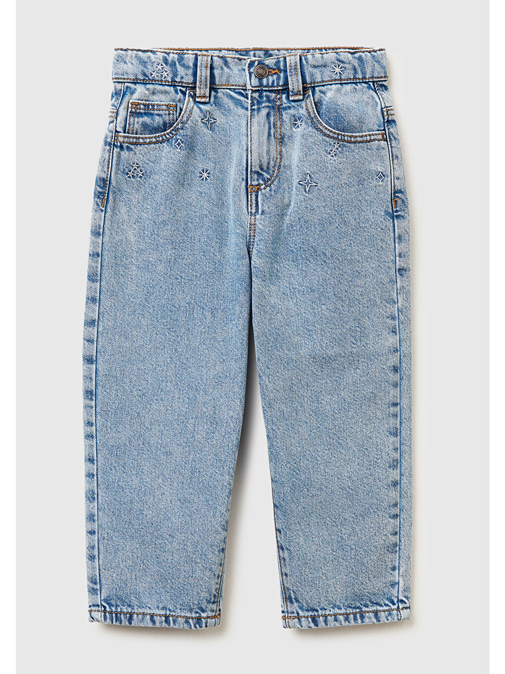 Kız Çocuk Açık Mavi Simli Bel İşlemeli Ayarlanabilir Bel Denim Pantolon