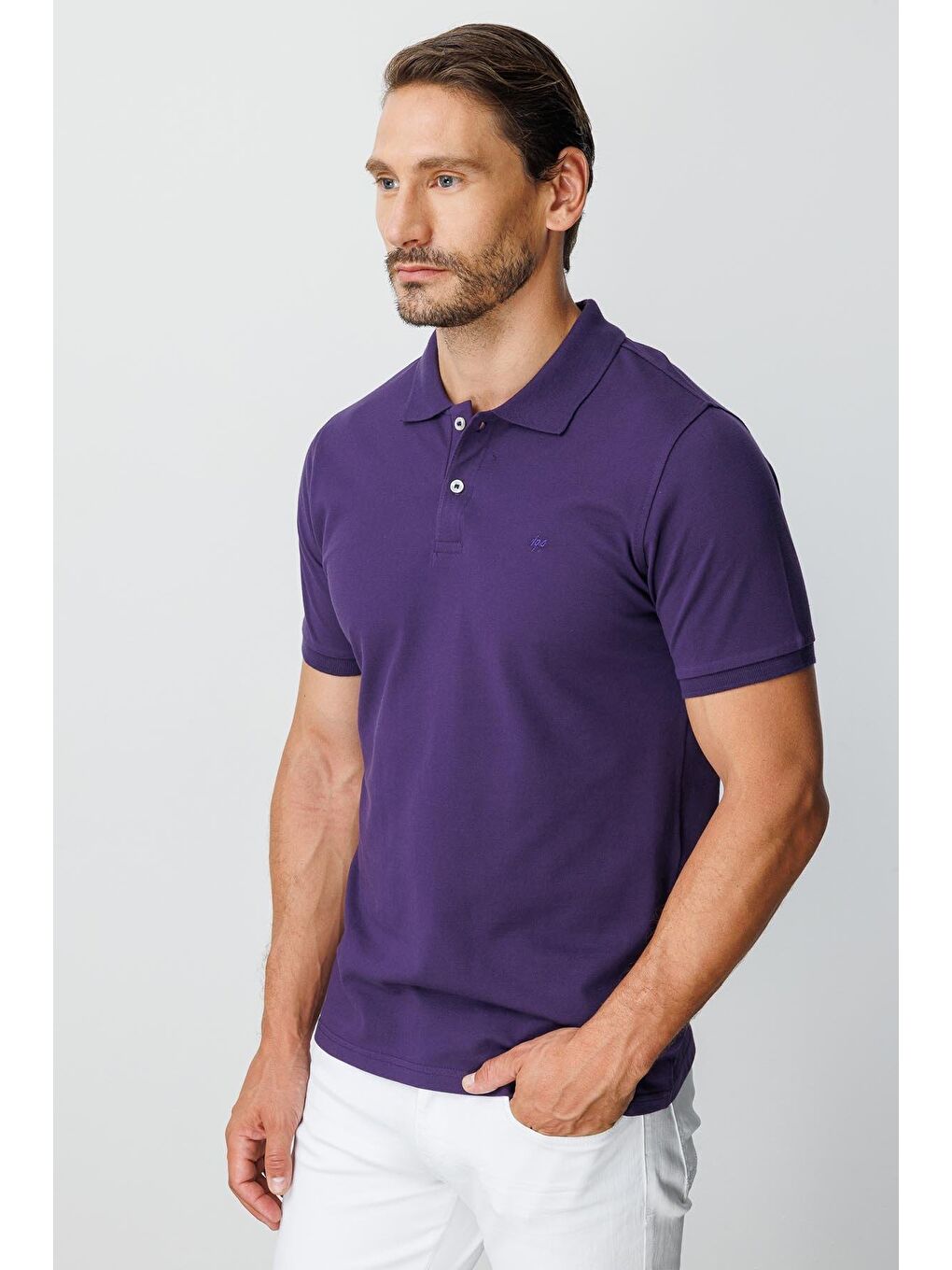 Mor Modern Fit Dar Kalıp Polo Yaka Düz Kısa Kollu %100 Pamuk Tişört-3