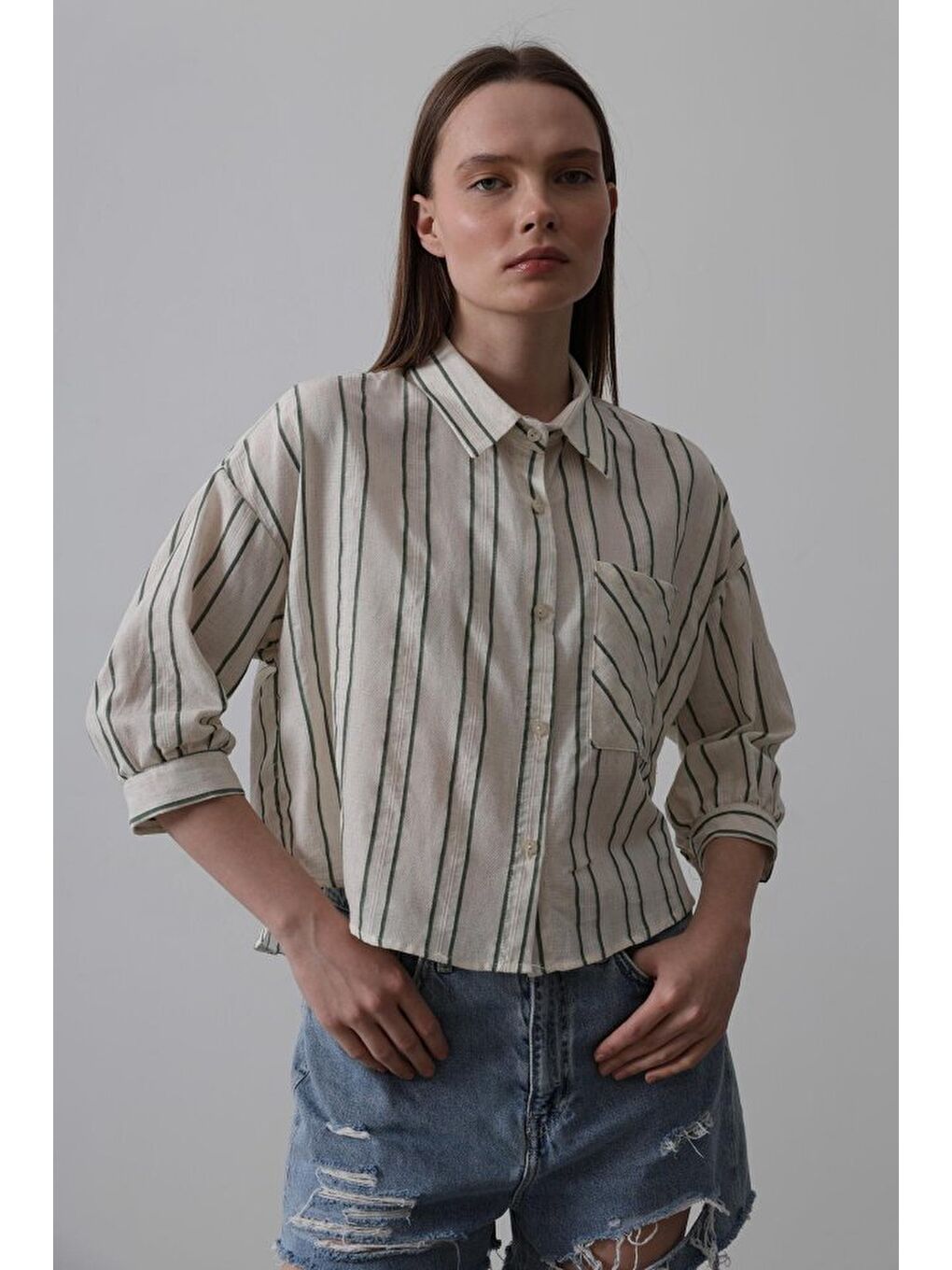 Çizgili Kısa Gömlek - Bej-Yeşil-1