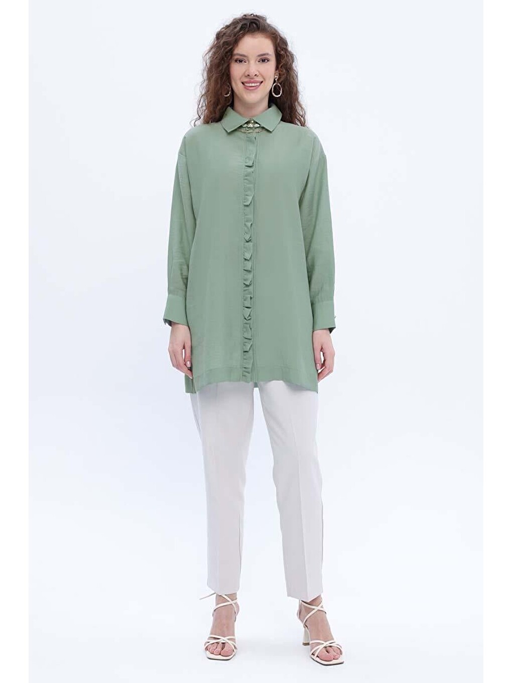 Yeşil Mint-Fırfırlı Gömlek Tunik-1