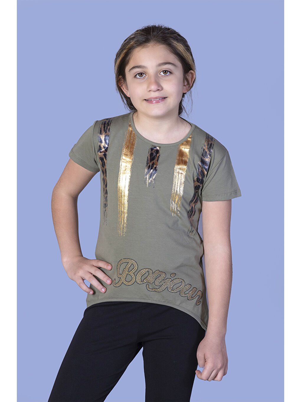 Haki Kız Çocuk Varak Baskılı Taş İşlemeli Tişört