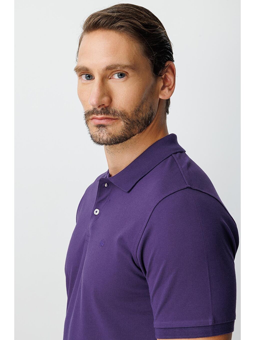 Mor Modern Fit Dar Kalıp Polo Yaka Düz Kısa Kollu %100 Pamuk Tişört-4