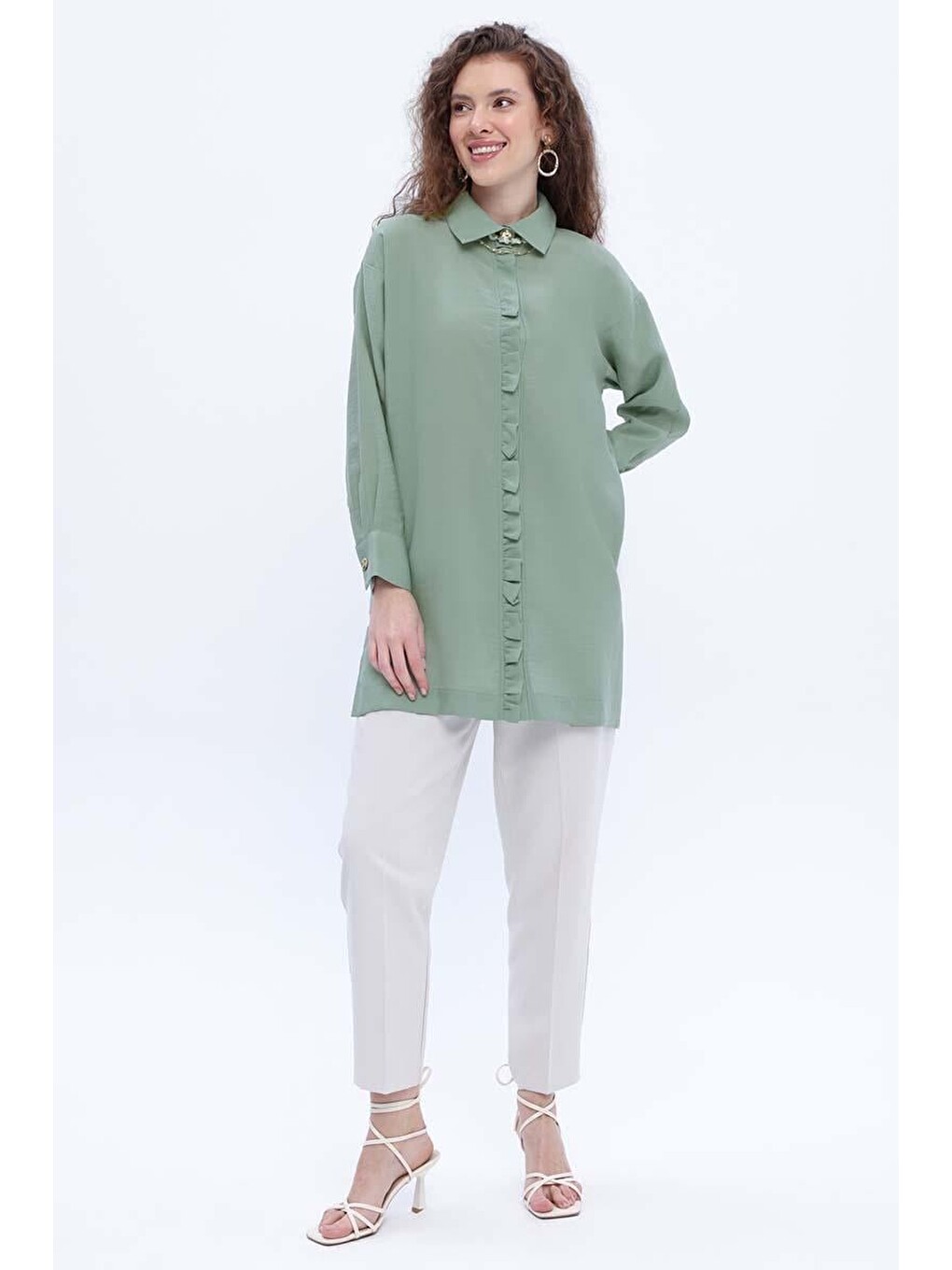 Yeşil Mint-Fırfırlı Gömlek Tunik-4