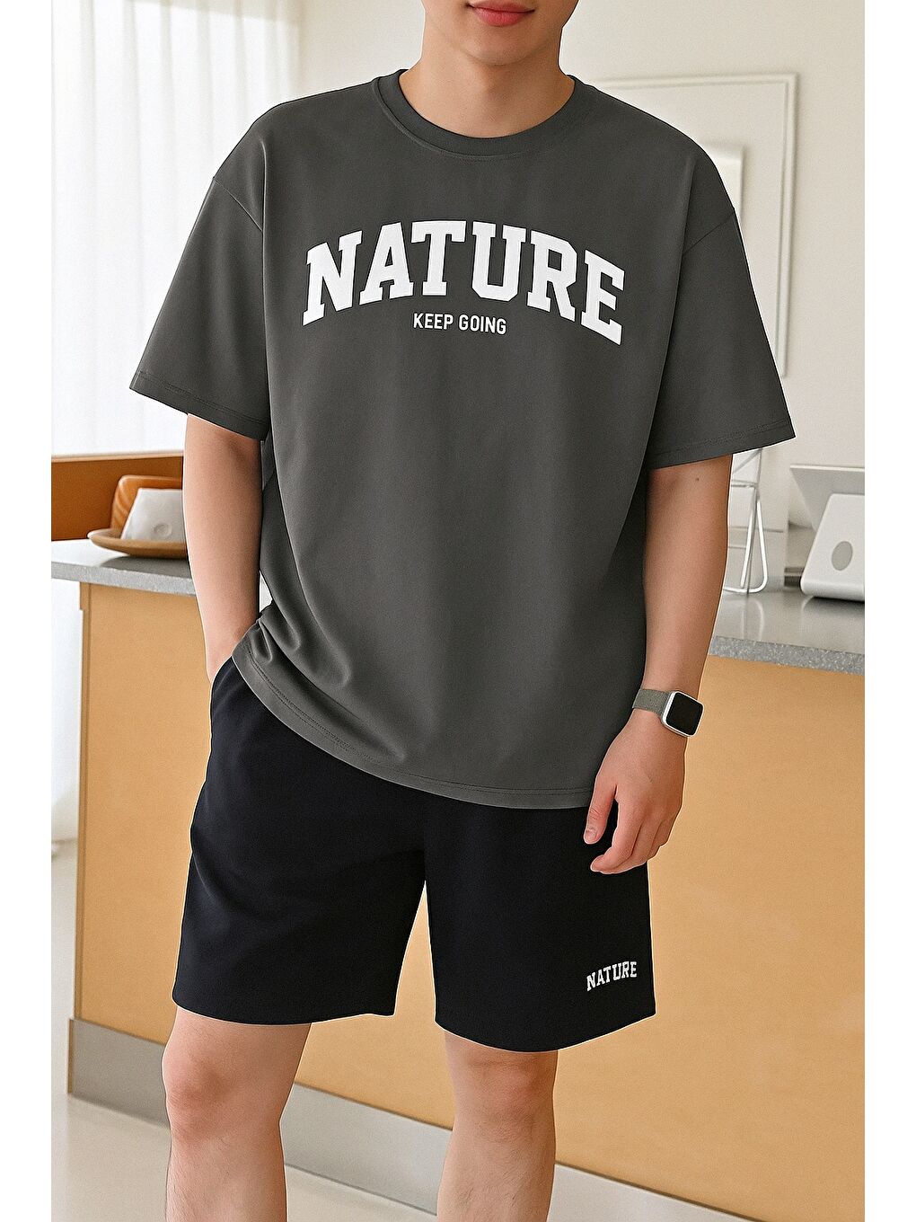 Gri Erkek Tişört Baskılı Oversize T-shirt Pamuklu Tişört NATURE-OVERSİZE