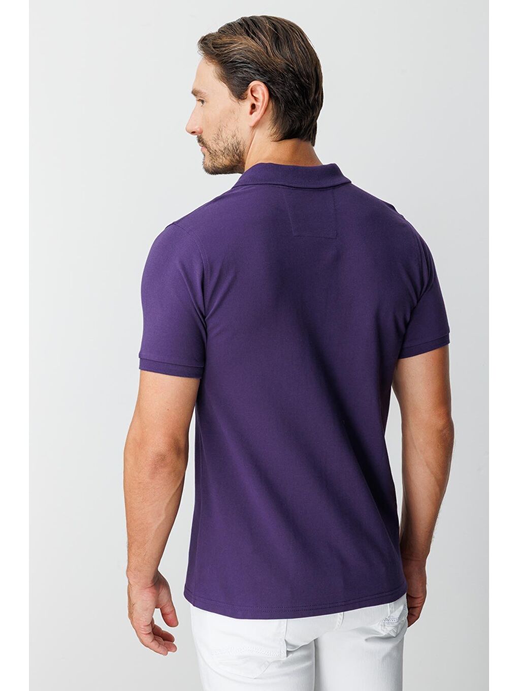 Mor Modern Fit Dar Kalıp Polo Yaka Düz Kısa Kollu %100 Pamuk Tişört-5