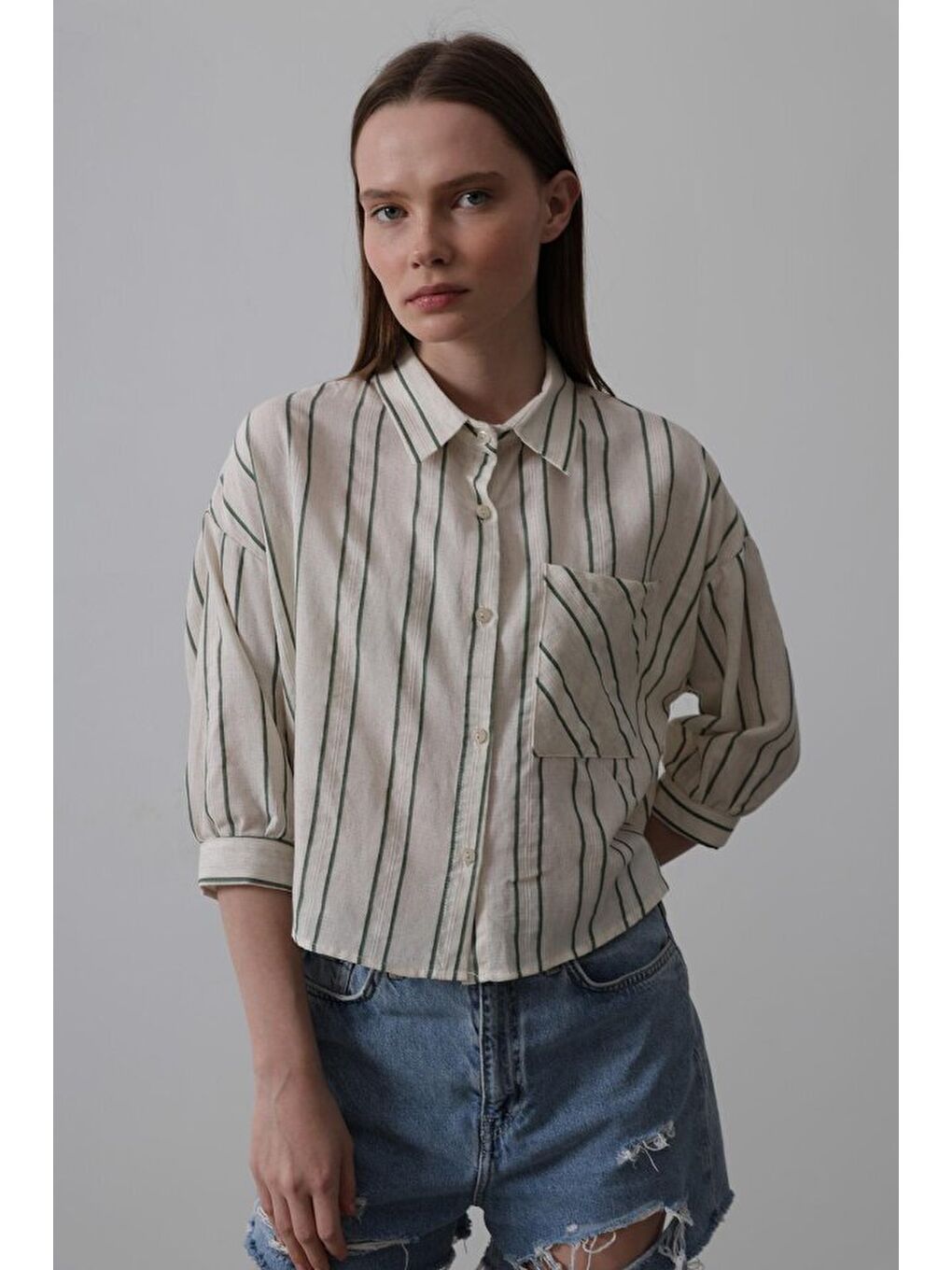 Çizgili Kısa Gömlek - Bej-Yeşil-2