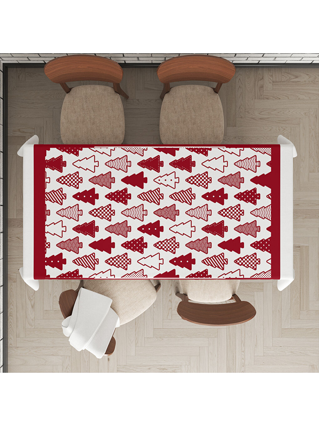 Karışık Yılbaşı Temalı Çam Ağacı Desenli Dijital Baskılı Masa Örtüsü-1