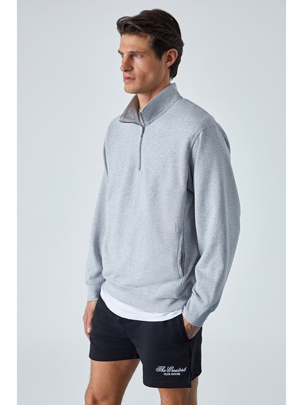 Nestor Erkek Relaxed Fit Dik Yakalı Yarım Fermuarlı Uzun Kollu Gri Melanj Sweatshirt