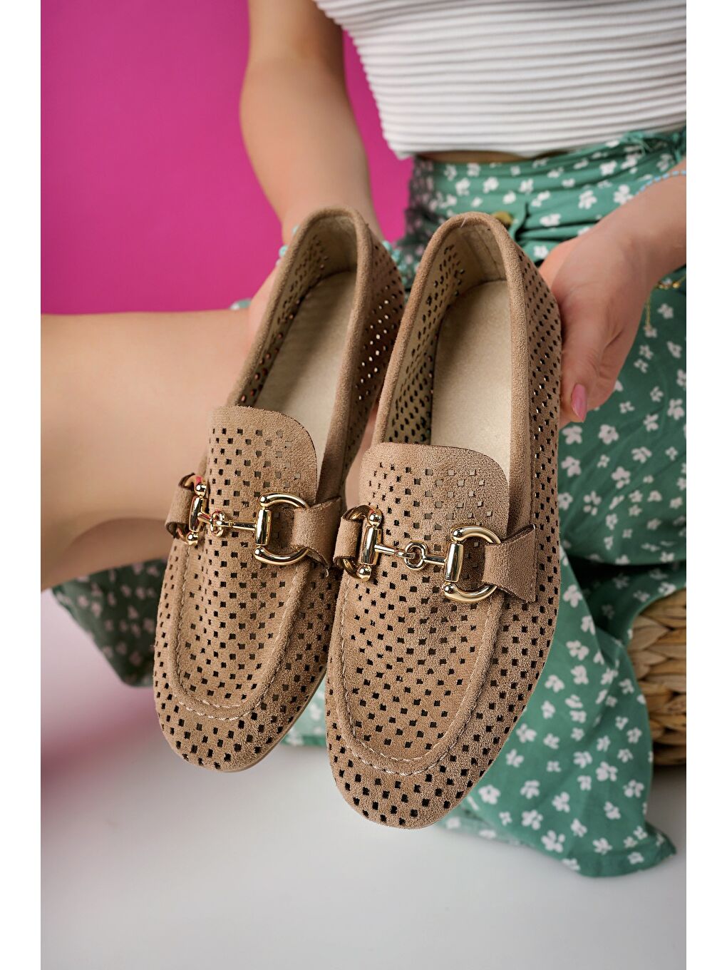 Bej PHUKET Metal Tokalı Lazerli Nefes Alabilen Deri Kadın Loafer Günlük Ayakkabı-1