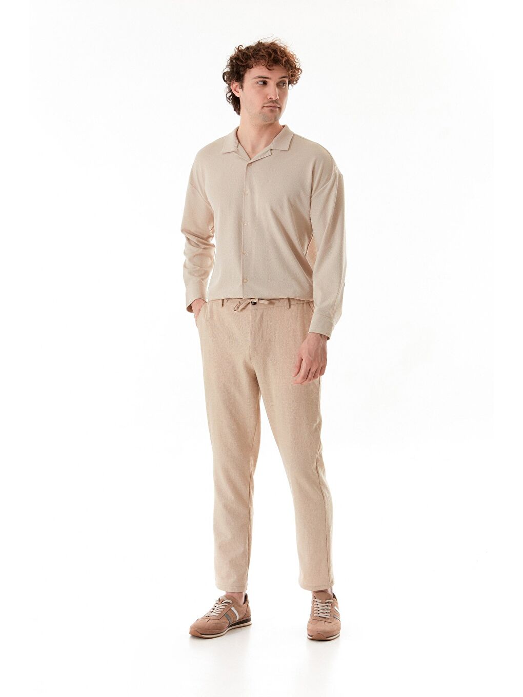 Bej Beli Bağcıklı Jogger Pantolon-1