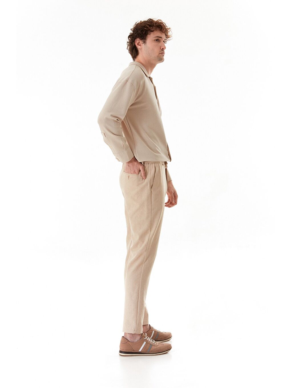 Bej Beli Bağcıklı Jogger Pantolon-2