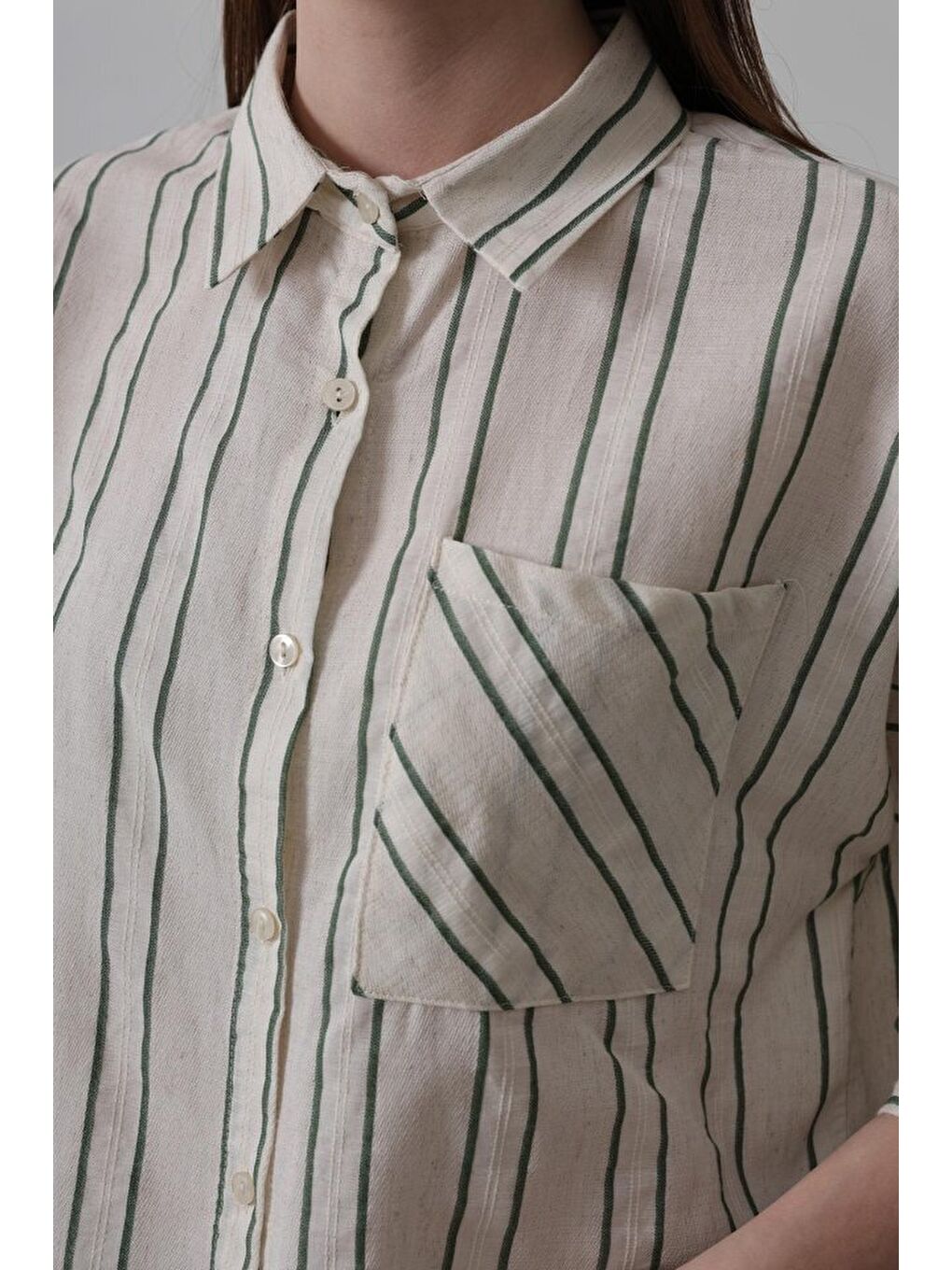 Çizgili Kısa Gömlek - Bej-Yeşil-3