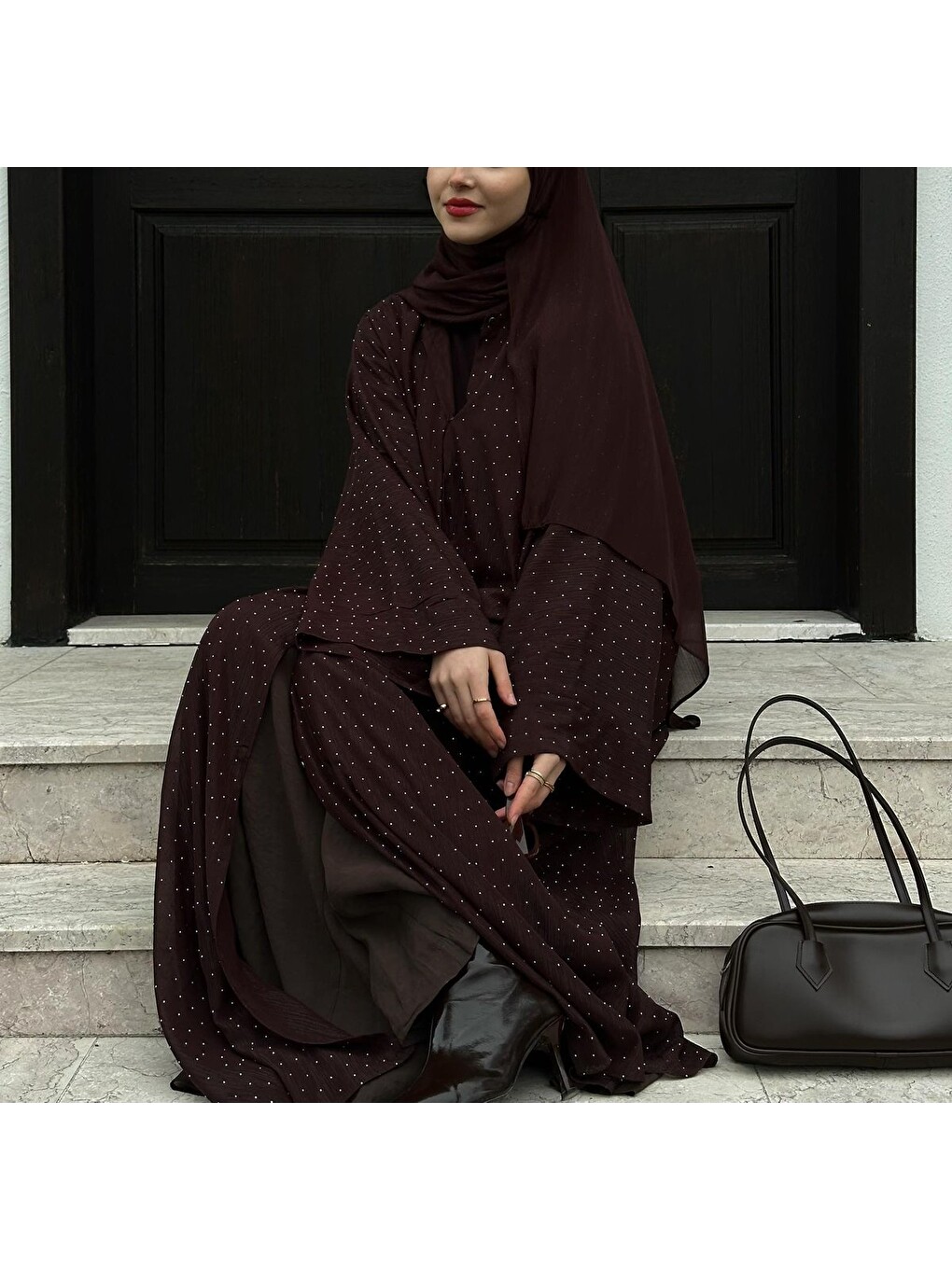 Kahverengi Shine Taşlı Abaya Ferace & Şal - Standart Beden & Farklı Boy-1