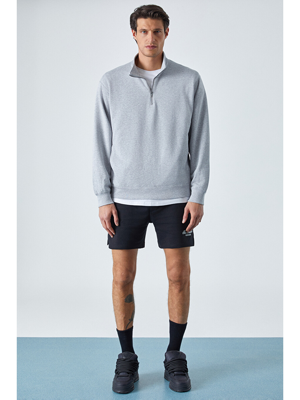 Nestor Erkek Relaxed Fit Dik Yakalı Yarım Fermuarlı Uzun Kollu Gri Melanj Sweatshirt-1