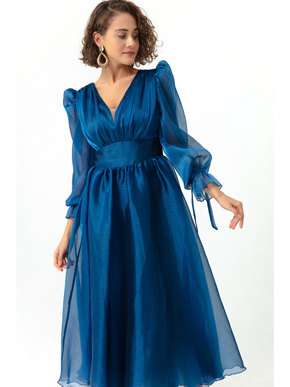 Kadın İndigo Balon Kol V Yaka Midi Abiye Elbise-1