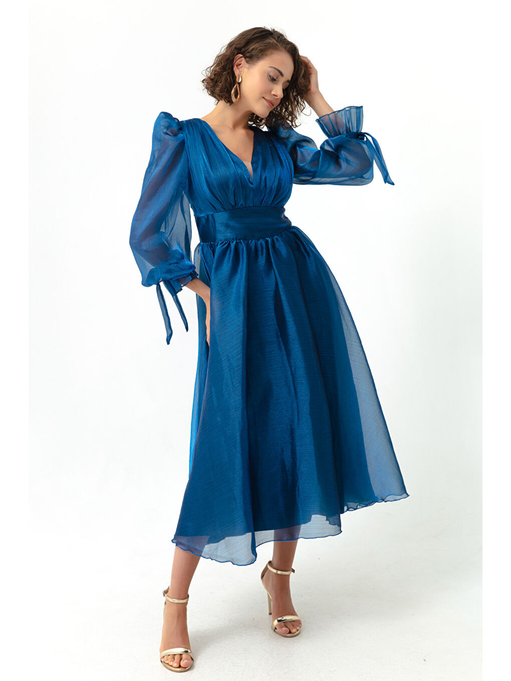 Kadın İndigo Balon Kol V Yaka Midi Abiye Elbise-2