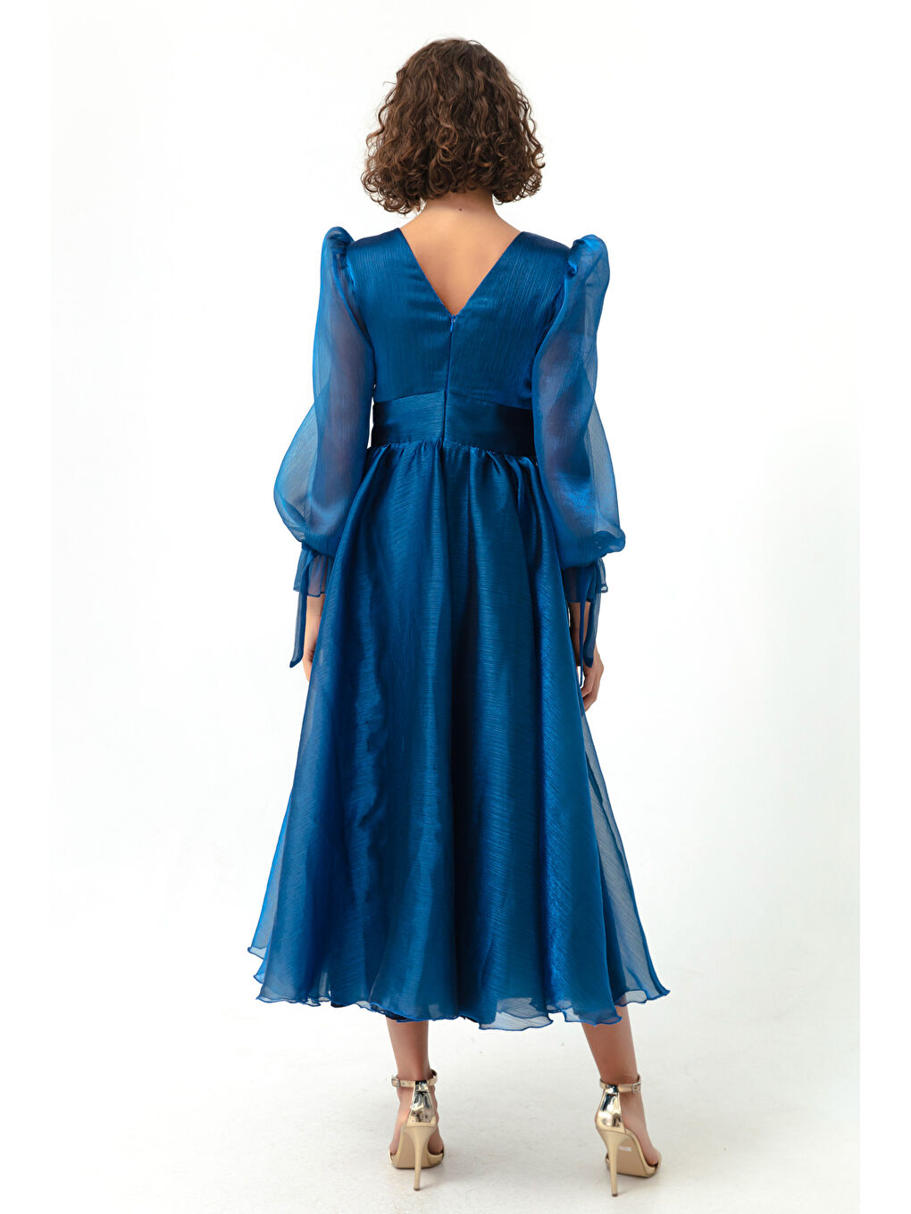 Kadın İndigo Balon Kol V Yaka Midi Abiye Elbise-4