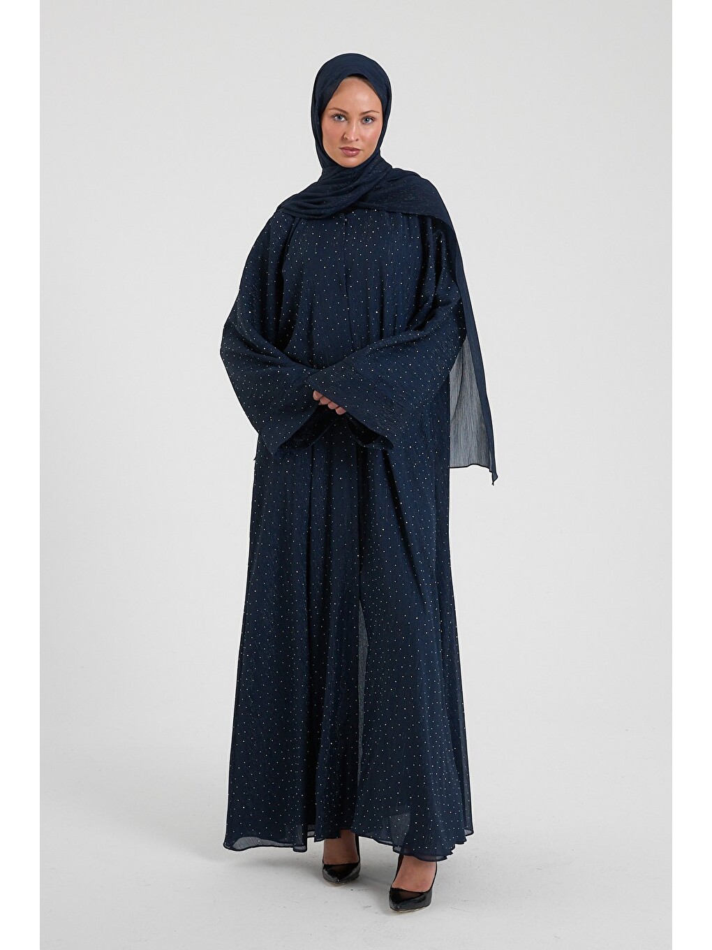 Lacivert Shine Taşlı Abaya Ferace & Şal - Standart Beden & Farklı Boy-4