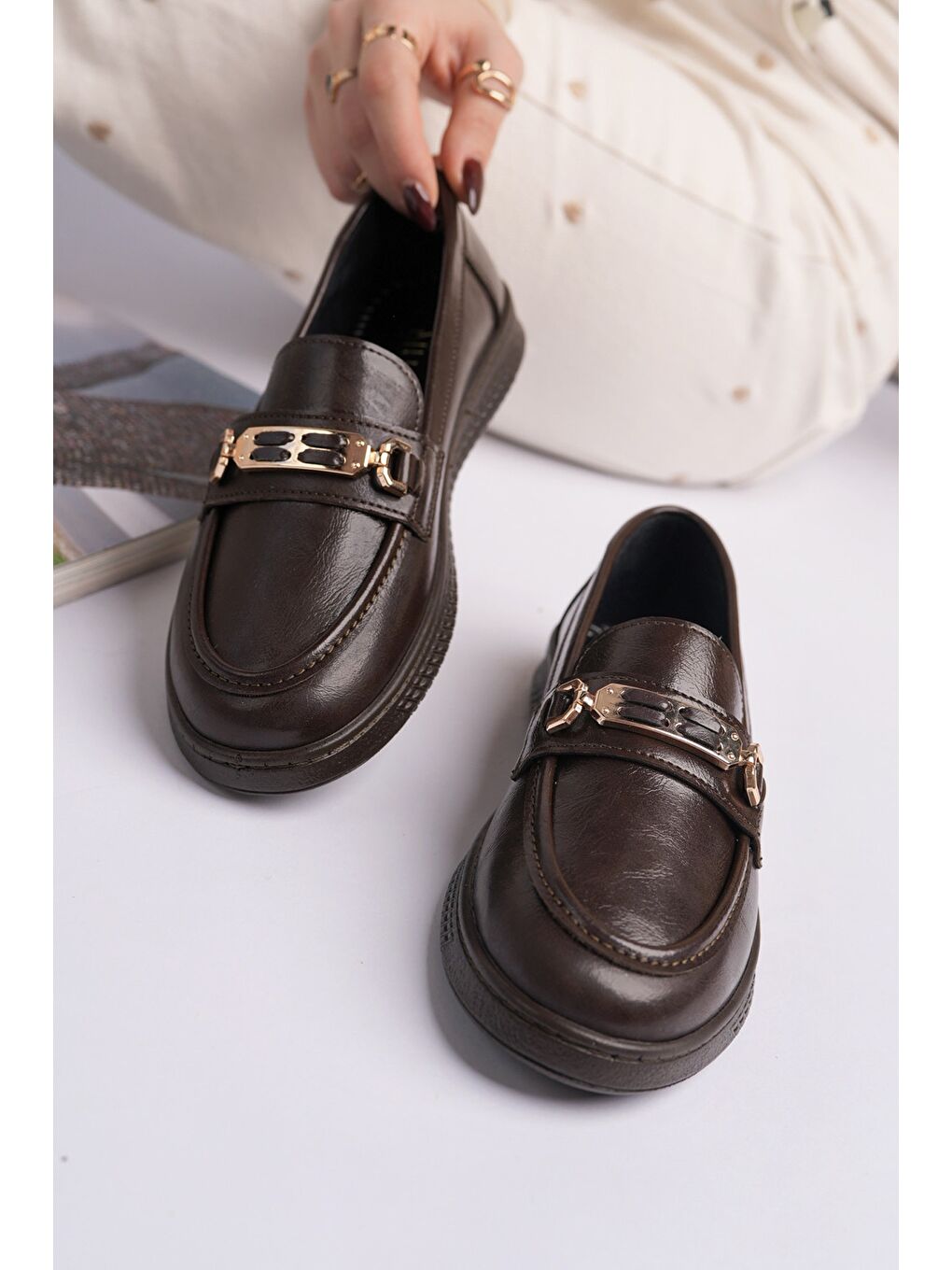 Kahverengi OXFORDİA Metal Tokalı Kadın Günlük Loafer Ayakkabı-6