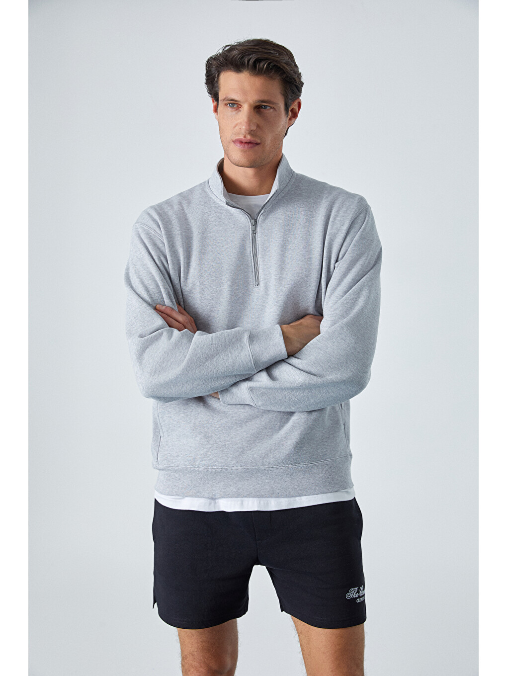 Nestor Erkek Relaxed Fit Dik Yakalı Yarım Fermuarlı Uzun Kollu Gri Melanj Sweatshirt-2