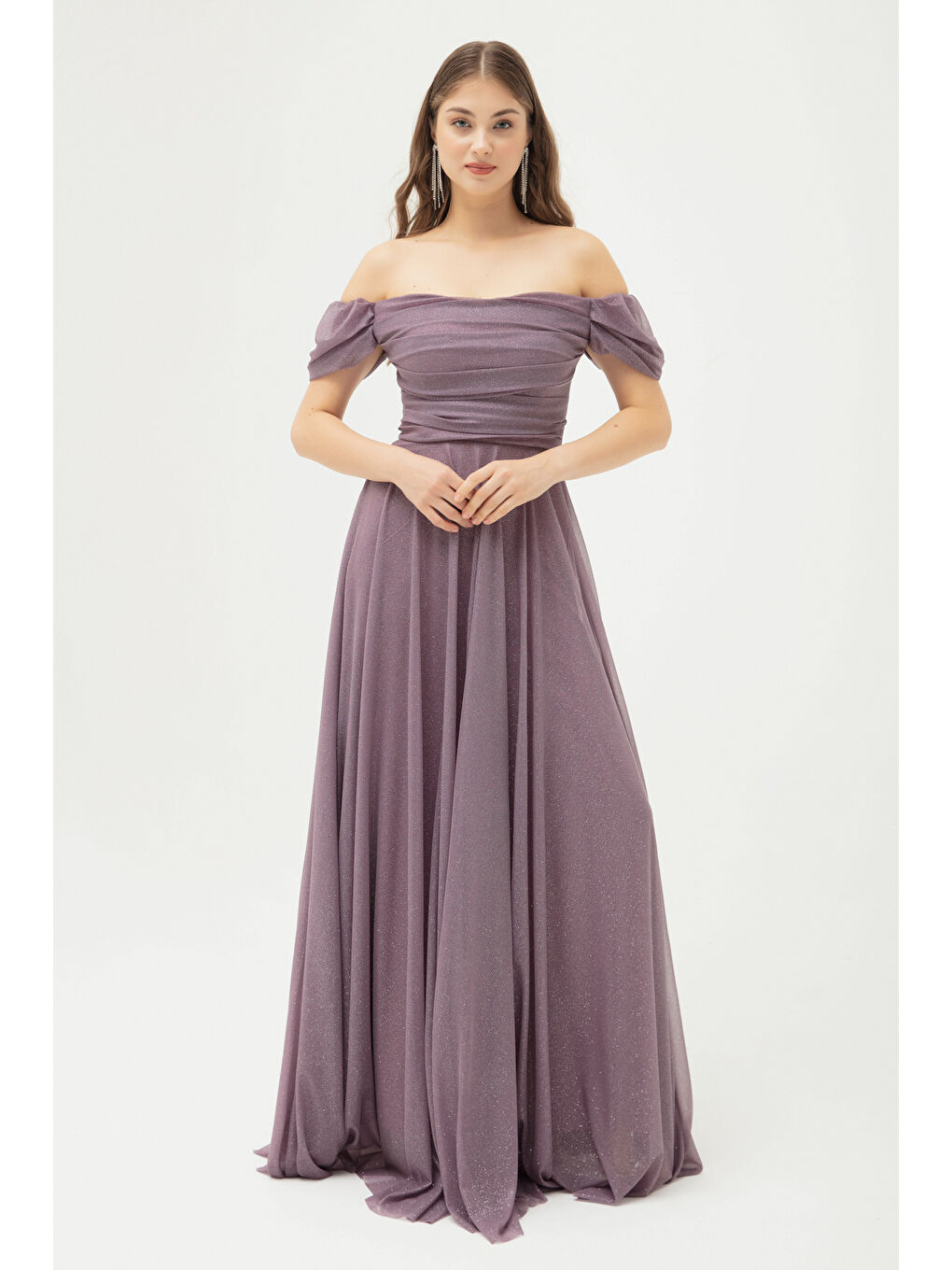 Lila Kadın Lavanta Kayık Yaka Drapeli Yırtmaçlı Uzun Simli Abiye Elbise-1