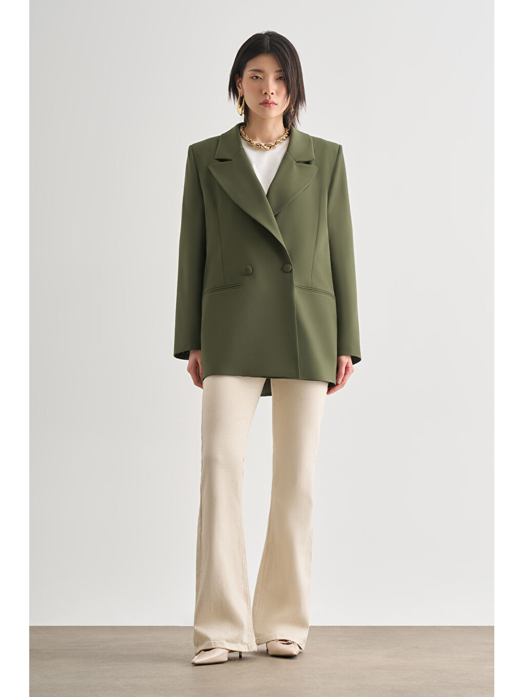 Oversize Çift Yırtmaçlı Haki Blazer Ceket