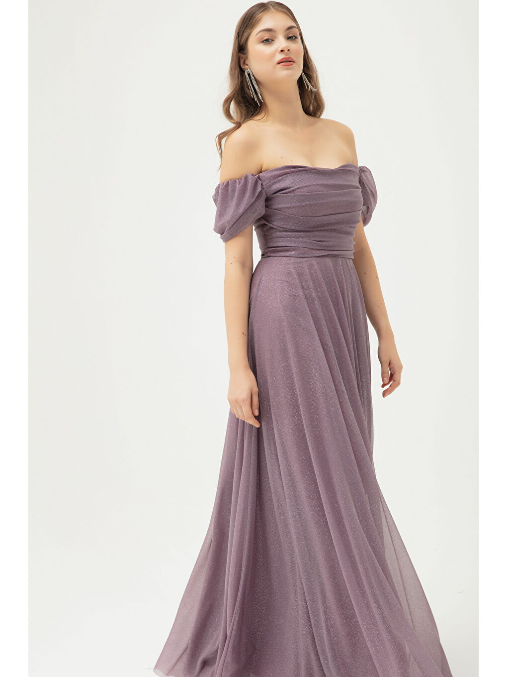 Lila Kadın Lavanta Kayık Yaka Drapeli Yırtmaçlı Uzun Simli Abiye Elbise-2