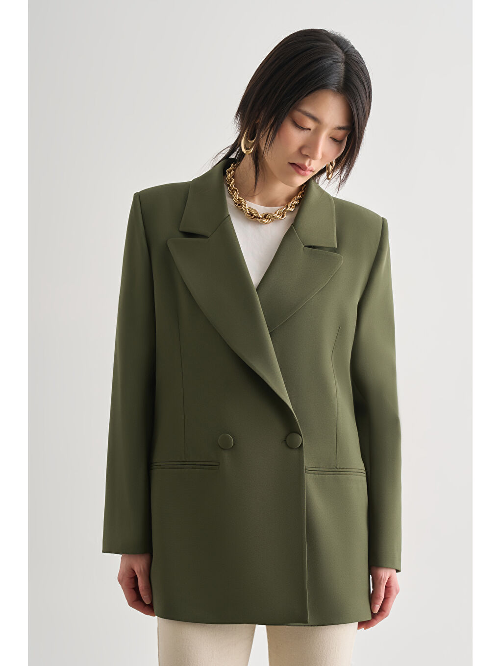 Oversize Çift Yırtmaçlı Haki Blazer Ceket-1