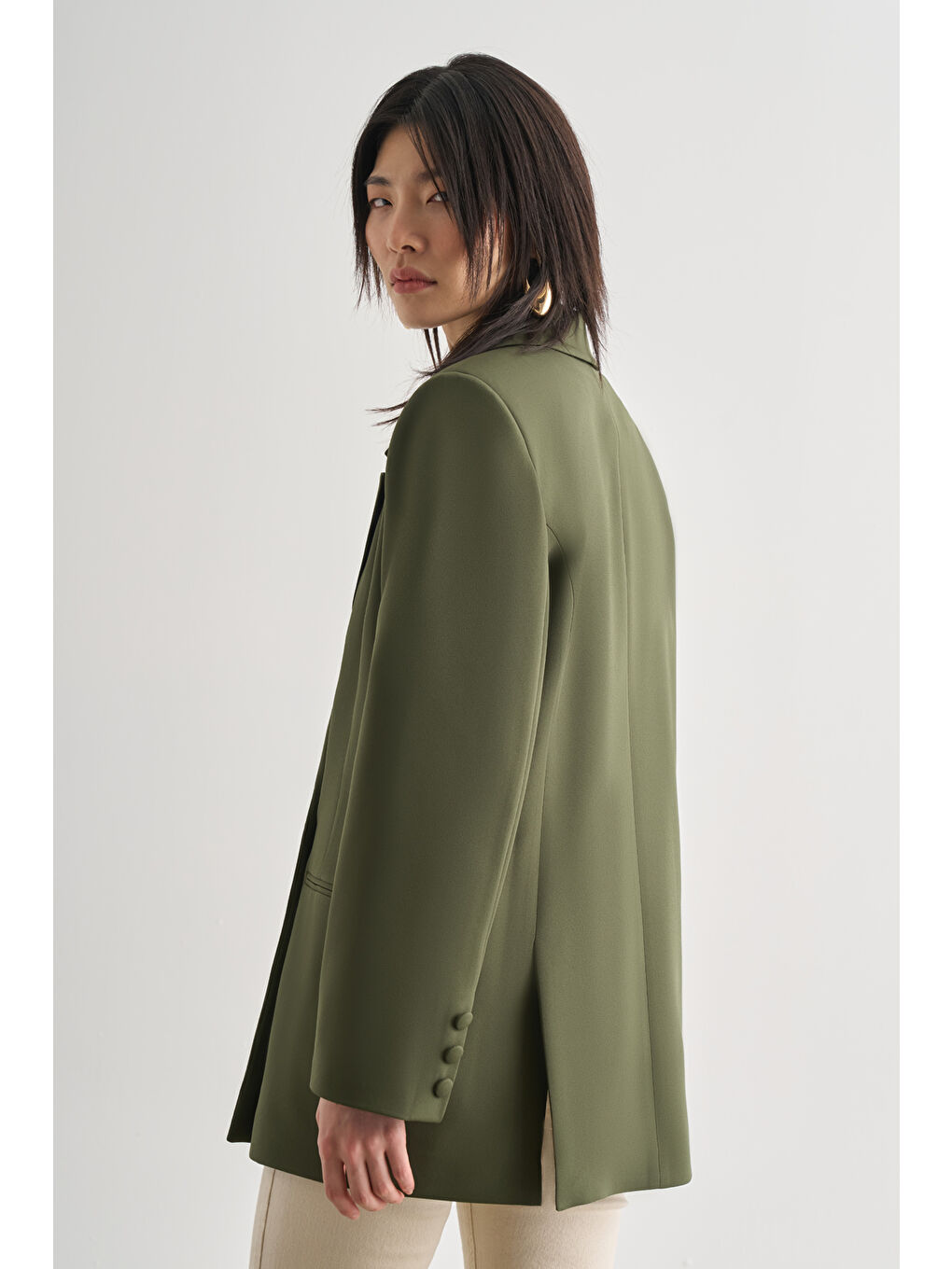 Oversize Çift Yırtmaçlı Haki Blazer Ceket-2