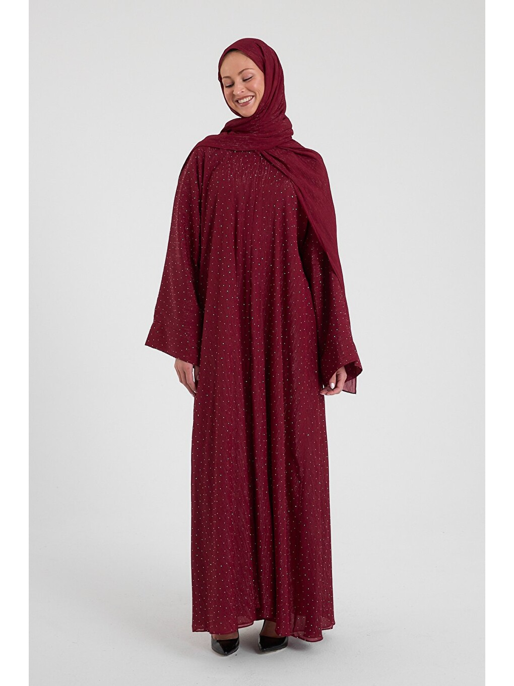 Bordo Shine Taşlı Abaya Ferace & Şal - Standart Beden & Farklı Boy-1