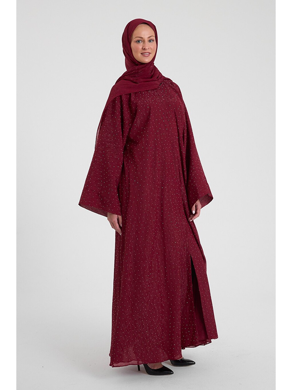 Bordo Shine Taşlı Abaya Ferace & Şal - Standart Beden & Farklı Boy-2