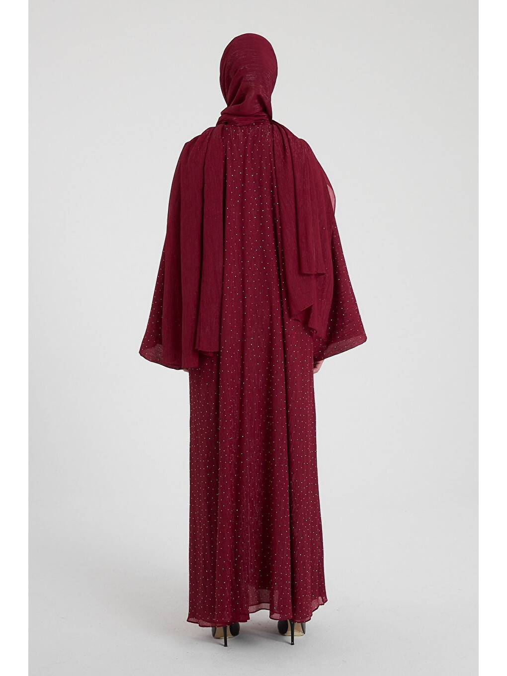 Bordo Shine Taşlı Abaya Ferace & Şal - Standart Beden & Farklı Boy-4